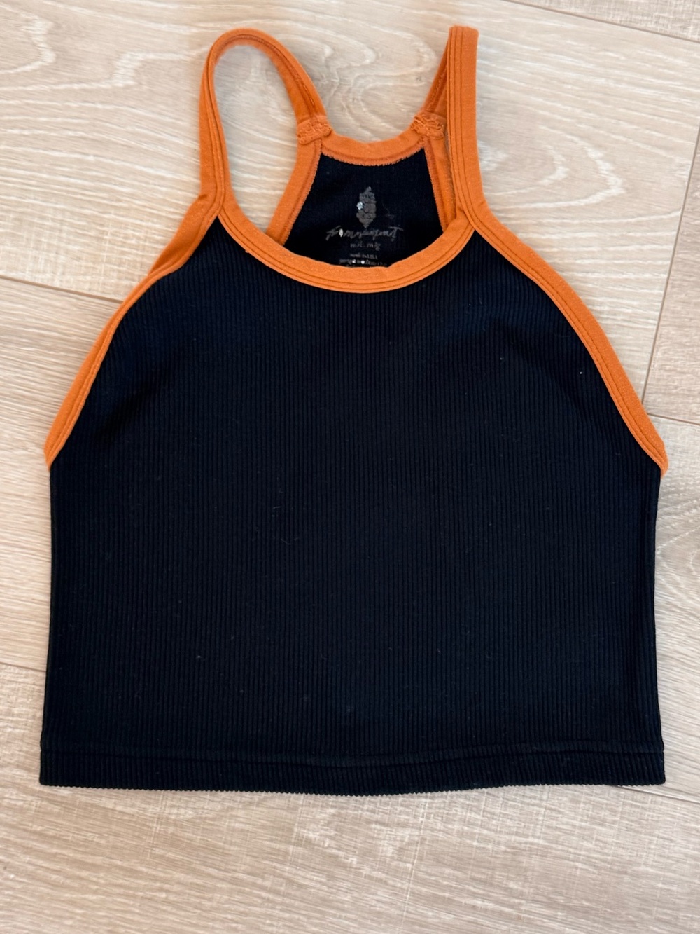 Free People Happiness Runs Crop Black Ribbed Halter Tank with Orange Trim M/L